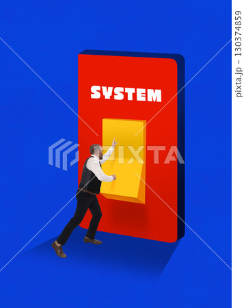 Creative digital artwork. Man pushing giant system switch collage as symbol of defiance and struggle 130374859