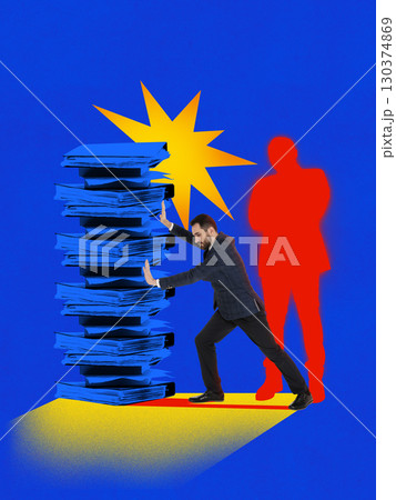 Modern artwork. Man pushing against giant tower of bureaucratic folders with determination Modern artwork. Man pushing against giant tower of bureaucratic folders with determination 130374869