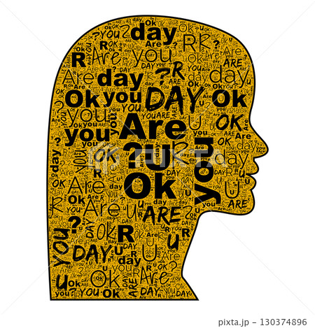 Golden Are You OK typography forms round head profile, profile contour crisp on white space, profile built from stacked black words, soft shadow suggests calm tone and attentive listening energy Golden Are You OK typography forms round head profile, profile contour crisp on white space, profile built from stacked black words, soft shadow suggests calm tone and attentive listening energy 130374896