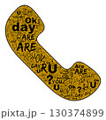 Telephone handset silhouette formed by Are you OK text in gold, letters align along curved shape, white background keeps lines clear, soft shadow adds volume and suggests friendly contact and care 130374899