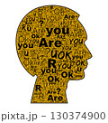 Male head profile built from Are you OK words in metallic gold, stacked type forms crisp contour, white space frames silhouette, light shadow suggests depth and calm focus on listening and support 130374900