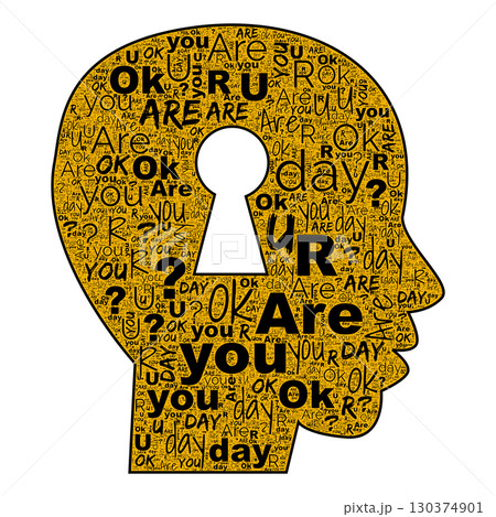 Human head with keyhole shaped by Are you OK word cloud in gold, typography defines profile and lock symbol, clean outline on white, soft shading suggests curiosity, privacy, mindful check in mood Human head with keyhole shaped by Are you OK word cloud in gold, typography defines profile and lock symbol, clean outline on white, soft shading suggests curiosity, privacy, mindful check in mood 130374901