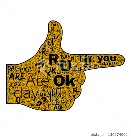 Pointing hand icon composed of Are you OK words in gold, strong finger direction anchored by black type, clean white ground emphasizes gesture, subtle shadow adds volume and modern pictogram mood 130374903