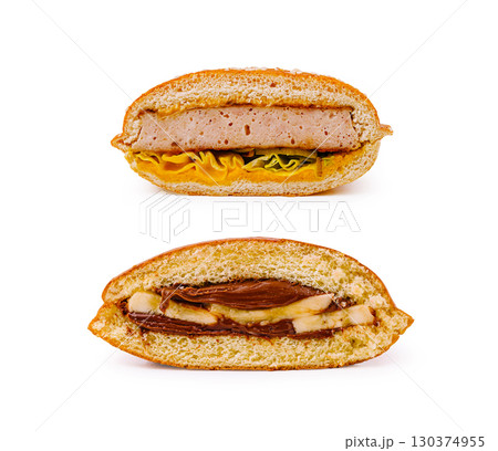 A visually appealing sandwich showcases two distinct halves A visually appealing sandwich showcases two distinct halves 130374955