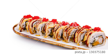 Colorful sushi rolls arranged neatly on a white platter Colorful sushi rolls arranged neatly on a white platter 130375180
