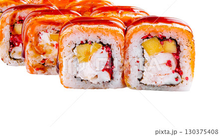 Colorful sushi rolls arranged in a line with tasty ingredients visible 130375408