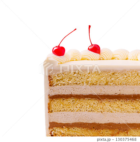 Delicious layered cake topped with cherries ready for celebration Delicious layered cake topped with cherries ready for celebration 130375468