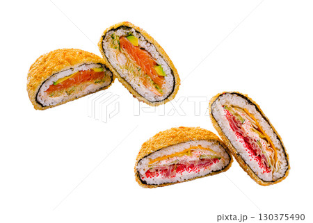 Unique sushi rolls featuring crispy coating and colorful fillings 130375490