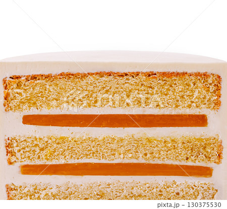 Layered cake with frosting and caramel on a white background Layered cake with frosting and caramel on a white background 130375530