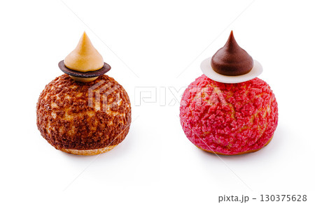 Delicious colorful pastry treats served on a white background Delicious colorful pastry treats served on a white background 130375628