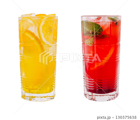 Refreshing drinks served with fruits and herbs at a summer gathering 130375638