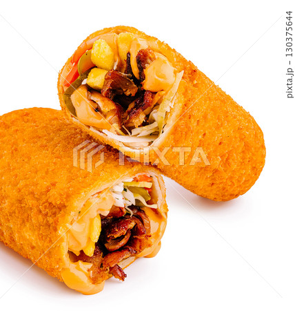 Delicious crispy rolls filled with savory ingredients on a clean background Delicious crispy rolls filled with savory ingredients on a clean background 130375644