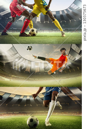 Dynamic football collage of red and yellow duel, orange bicycle kick, and blue dribble on 3D field Dynamic football collage of red and yellow duel, orange bicycle kick, and blue dribble on 3D field 130375673