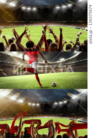 Football collage with cheering fans, dynamic blue player kick, and 3D stadium celebration Football collage with cheering fans, dynamic blue player kick, and 3D stadium celebration 130375674