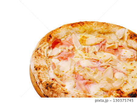 Delicious pizza topped with chicken and cheeses on a wooden table Delicious pizza topped with chicken and cheeses on a wooden table 130375745