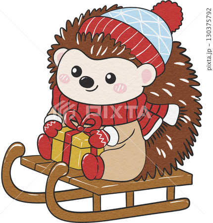 Christmas hedgehog on sled in joyful snowy holiday scene. Christmas hedgehog on sled in joyful snowy holiday scene. 130375792