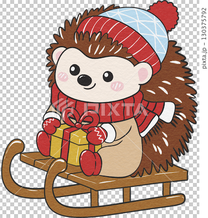 Christmas hedgehog on sled in joyful snowy holiday scene. Christmas hedgehog on sled in joyful snowy holiday scene. 130375792