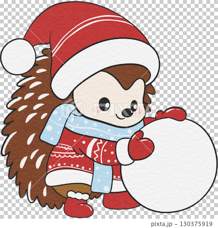 Christmas hedgehog enjoying snowball toss in seasonal setting. 130375919