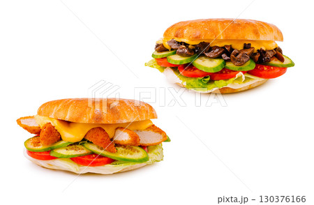 Delicious sandwiches with vegetables and fillings on a white background 130376166