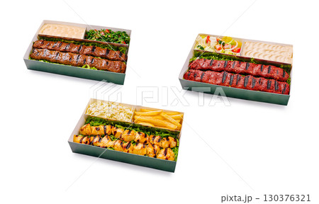 Delicious kebab platters arranged for sharing at a festive gathering Delicious kebab platters arranged for sharing at a festive gathering 130376321
