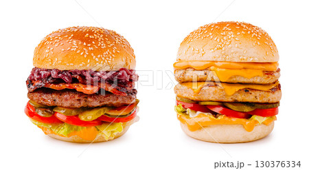 Delicious burgers featuring fresh ingredients in a light backdrop Delicious burgers featuring fresh ingredients in a light backdrop 130376334