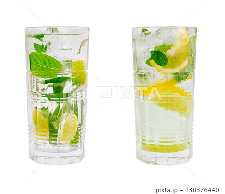 Refreshing mint and lemon beverages in clear glasses with ice cubes Refreshing mint and lemon beverages in clear glasses with ice cubes 130376440
