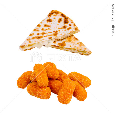 Delicious quesadilla and golden cheese bites served as a snack platter Delicious quesadilla and golden cheese bites served as a snack platter 130376489