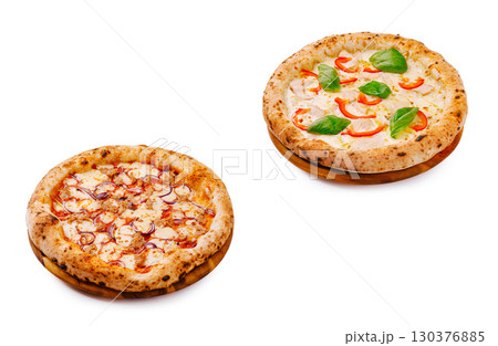 Gourmet pizzas featuring fresh ingredients and unique flavors 130376885