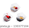 Unique dessert cups filled with colorful treats display in a kitchen setting 130377104