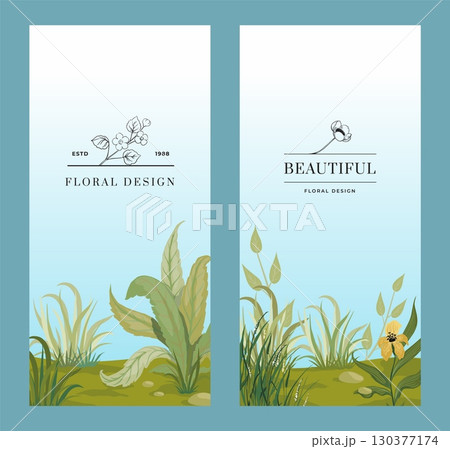 Floral poster. Meadow flowers. Wildflower blooming. Plant foliage. Line elegant logo. Summer field. Sketch leaves and inscription. Natural cosmetic brochure. Vector design banners set Floral poster. Meadow flowers. Wildflower blooming. Plant foliage. Line elegant logo. Summer field. Sketch leaves and inscription. Natural cosmetic brochure. Vector design banners set 130377174