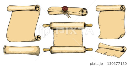 Ancient books. Parchment scroll color sketch drawing. Old rolls. Antique document. Vintage manuscript. Medieval message letter. Engraving elements. Historical curled pages vector set Ancient books. Parchment scroll color sketch drawing. Old rolls. Antique document. Vintage manuscript. Medieval message letter. Engraving elements. Historical curled pages vector set 130377180