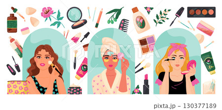 Girl makeup. Woman face with cosmetic care. Cute women characters applying foundation cream at mirror. Powder brush. Mascara or lipstick bottle. Eyeshadow palette. Beauty icons vector set 130377189