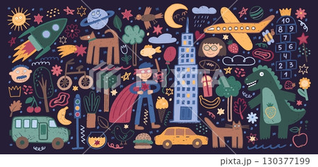 Kid crayon. Cute hand drawn flower elements. Children chalk cloud or child brush stroke stickers. School doodle sketch. Kindergarten drawing. Childish scribble painting. Vector background 130377199