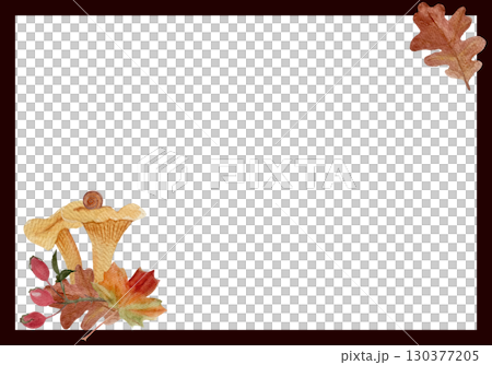 Chanterelle mushrooms, snail, rose hips, oak leaf on white background. Hand-painted autumn card template with dark border, perfect for invitations, seasonal greeting cards, rustic stationery. Woodland 130377205