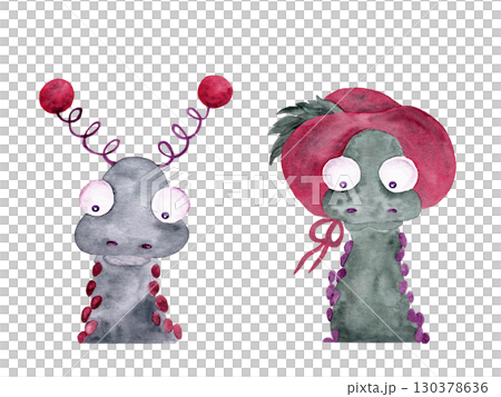 Christmas watercolor illustration. Portraits of snakes in fancy headdresses. Ideal for packaging elements, holiday decor, advent calendars and cards Christmas watercolor illustration. Portraits of snakes in fancy headdresses. Ideal for packaging elements, holiday decor, advent calendars and cards 130378636