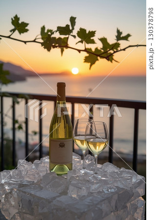 White Wine Bottle and Glasses on Ice Table, Product Photo 130378798