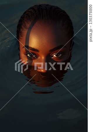 Stylish Black Brazilian Woman Emerging from Water at Golden Hour Stylish Black Brazilian Woman Emerging from Water at Golden Hour 130378800