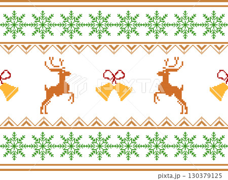 A festive Christmas pixel art border with reindeer, bells, and snowflakes. Perfect for holiday-themed textiles and digital borders,embroidery,wallpapers. 130379125