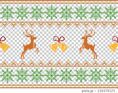 A festive Christmas pixel art border with reindeer, bells, and snowflakes. Perfect for holiday-themed textiles and digital borders,embroidery,wallpapers. 130379125