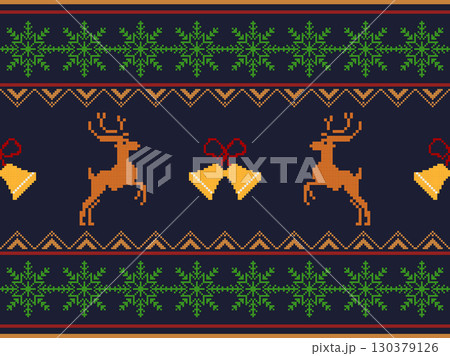 A festive Christmas pixel art border with reindeer, bells, and snowflakes on a dark blue background. Ideal for holiday textiles, digital backgrounds and seasonal designs. 130379126
