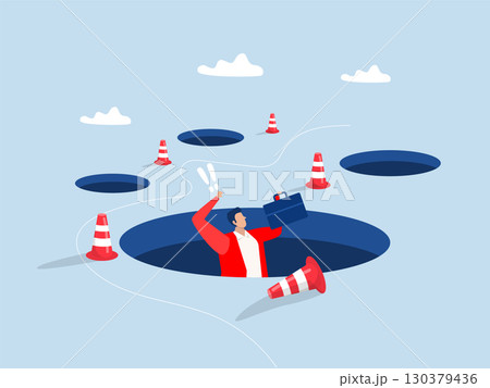 Failure,Terrified businessman fall down into the hole, failure or mistake causing catastrophe despair, problem or risk from crisis or recession Failure,Terrified businessman fall down into the hole, failure or mistake causing catastrophe despair, problem or risk from crisis or recession 130379436