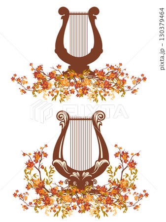 autumn season tree branches and classical lyre musical instrument vector design set 130379464