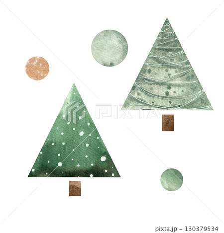 Set of watercolor Christmas tree stylized in hygge style in green color with pattern. Isolated hand-drawn illustration for New Year and Christmas design Set of watercolor Christmas tree stylized in hygge style in green color with pattern. Isolated hand-drawn illustration for New Year and Christmas design 130379534