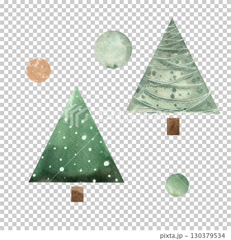 Set of watercolor Christmas tree stylized in hygge style in green color with pattern. Isolated hand-drawn illustration for New Year and Christmas design Set of watercolor Christmas tree stylized in hygge style in green color with pattern. Isolated hand-drawn illustration for New Year and Christmas design 130379534