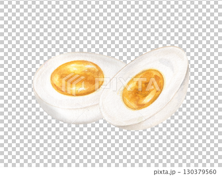 Hard boiled egg halves watercolor illustration on isolated background. Breakfast protein rich ingredients. Half of eggs composition for organic food design, recipe decor, restaurant menu, packaging. 130379560