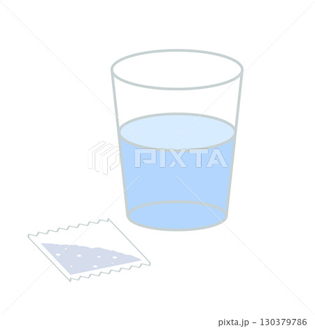 シンプルな薬（粉薬／薬のパック）と水の入ったコップのアイコン 130379786