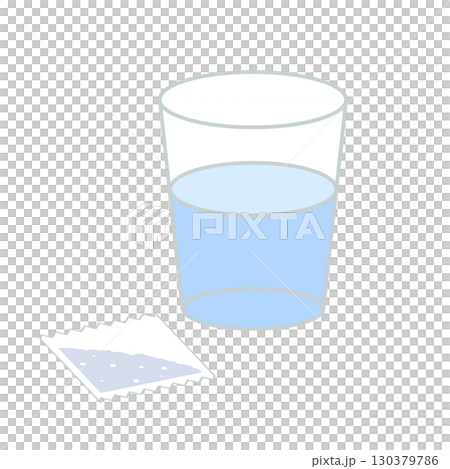 シンプルな薬（粉薬／薬のパック）と水の入ったコップのアイコン 130379786