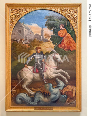 VATICAN CITY, ROME, ITALY - AUGUST 02, 2025 Oil painting by Paris Bordone, depicts the dramatic legend of Saint George and the Dragon. A knight in armor on a white horse slaying a fearsome beast VATICAN CITY, ROME, ITALY - AUGUST 02, 2025 Oil painting by Paris Bordone, depicts the dramatic legend of Saint George and the Dragon. A knight in armor on a white horse slaying a fearsome beast 130379798