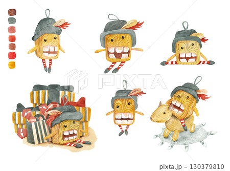 Christmas Watercolor Nutcracker. Set of characters in different poses. Set of New Year illustrations for your design Christmas Watercolor Nutcracker. Set of characters in different poses. Set of New Year illustrations for your design 130379810