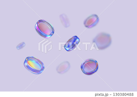 3D vector realistic holographic iridescent glass coins purple effect flying, transparent token, casino chip background 130380488